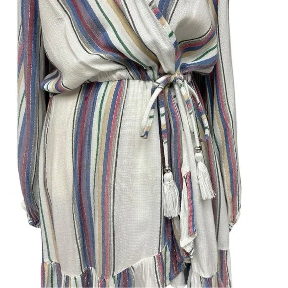 Blue Island White Multi Stripe Wrap Dress Women’s Medium Boho Tassel Tie Lightwe - Picture 9 of 13